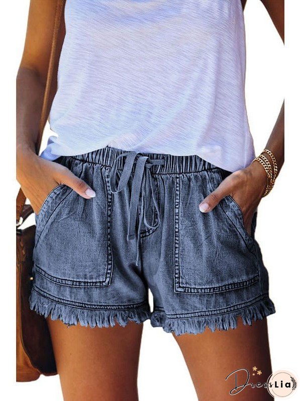 Women'S High Waist Denim Shorts With Elastic Waistband And Fringed Details
