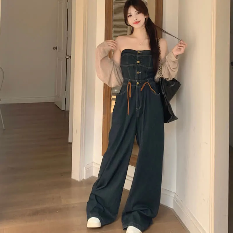 Pure Color Knit Cardigan Off The Shoulder Lace Up Denim Overalls
