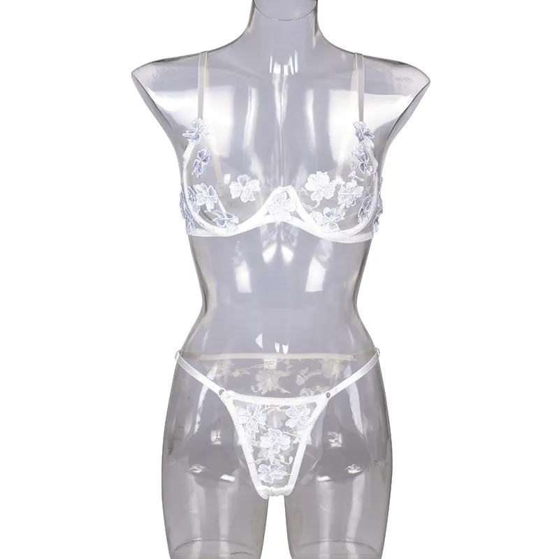 Billionm Sexy Lace Lingerie Set Floral See Through Bra Panty Nightwear Transparent Pink Underwear Women Embroidery Sheer Under Wear Sex