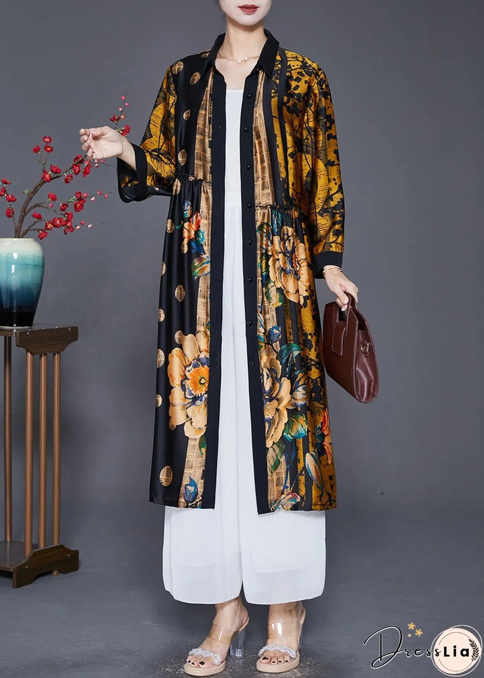 Handmade Yellow Oversized Print Wrinkled Silk Coats Fall