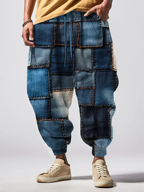 Men's Retro Denim Patchwork Print Loose Drawstring Waist Sweatpants