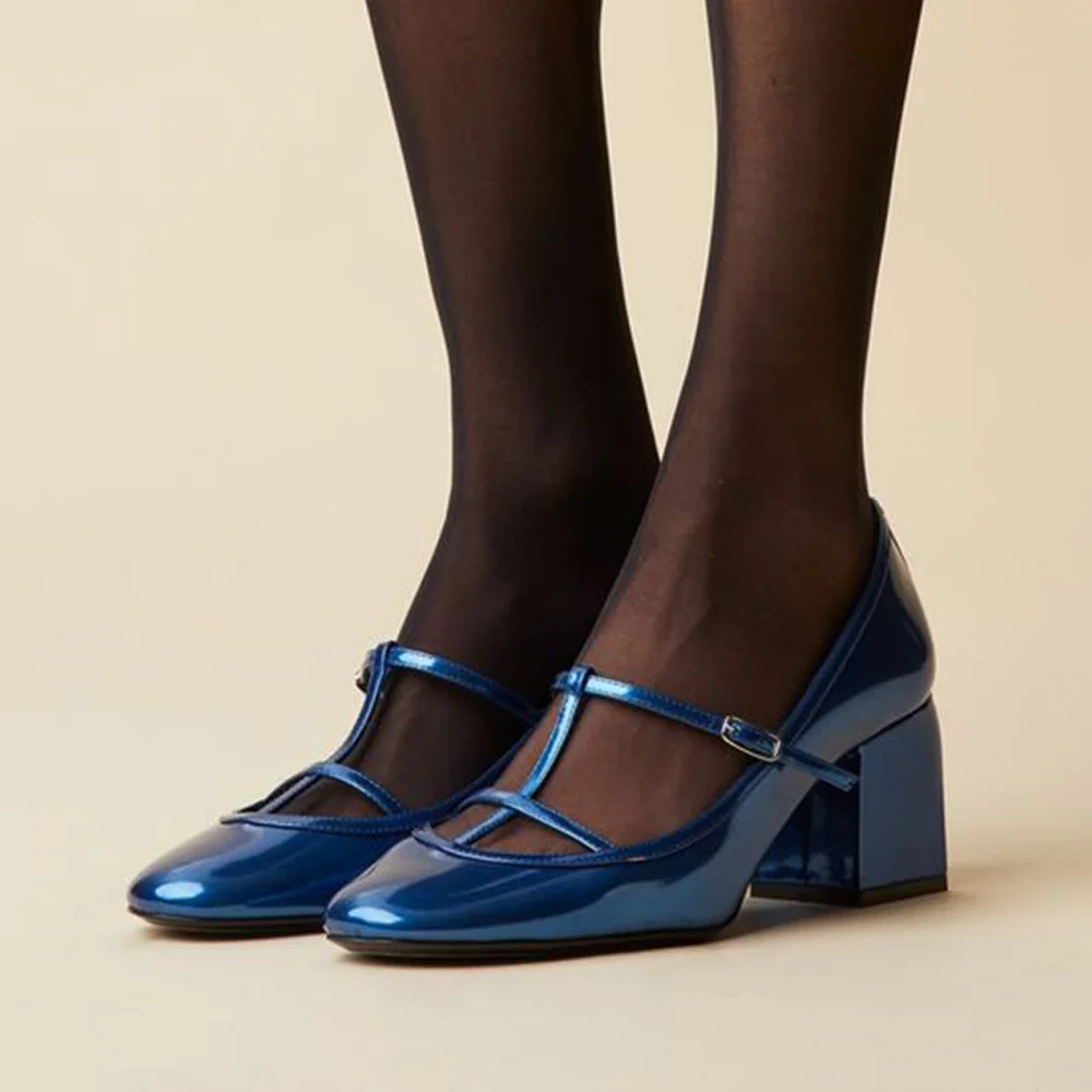 Blue Shiny Patent Leather Closed Toe Buckled Strappy Loafers With Chunky Heels Nicepairs