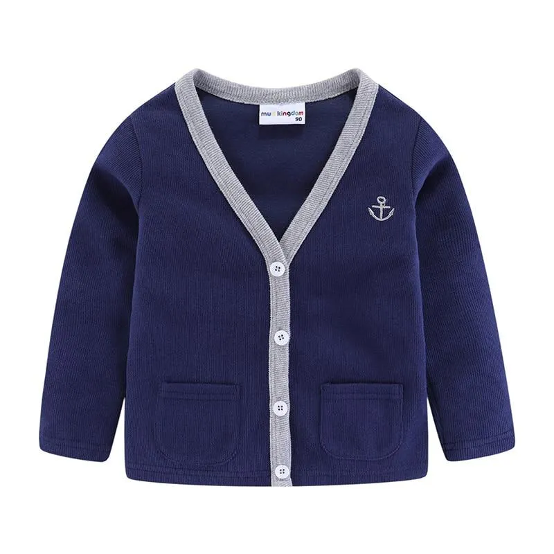 Mudkingdom Children Knit Cardigan Anchor Embroidery V-Neck Spring Autumn Sweater Baby Boy Clothes Winter