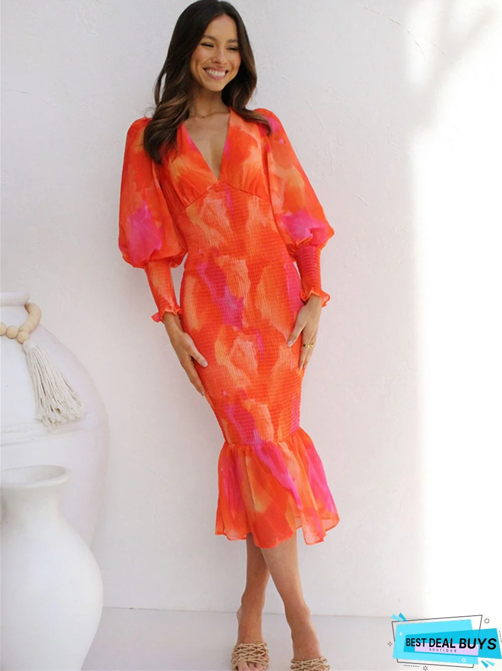 Printed Long-sleeved V-neck Ruffled Dress