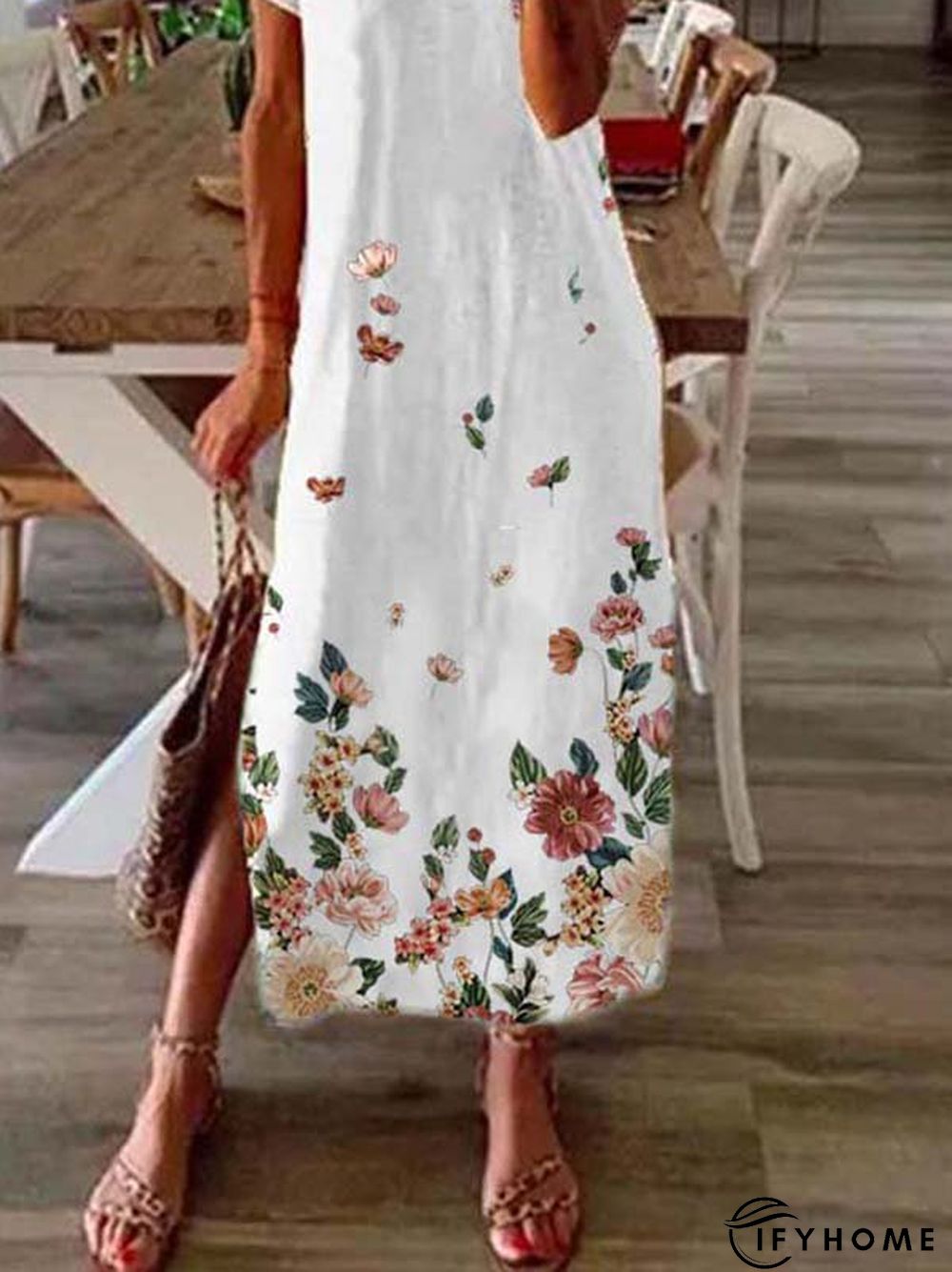 Floral-print Casual Short Sleeve V neck Knitting Dress | IFYHOME