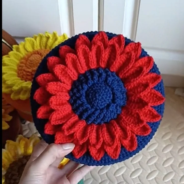 Lulusnow Handmade Blue Red 3D Sunflower Crochet HandBag[Gift:1PC Pearl Bag Strap]