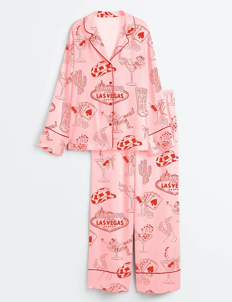 Women&rsquo;s Hand Drawn Western Disco Cowgirl Boots Texas Las Vegas Bachelorette Party Print Long Sleeve Satin Pajama Set