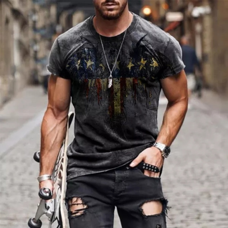 Mens Vintage Casual Printed Short Sleeve T-shirt