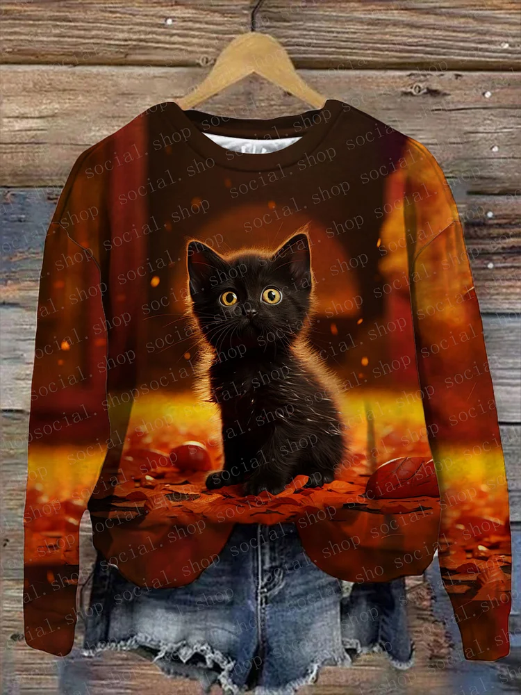 Women's Black Cat Crewneck Sweatshirt socialshop