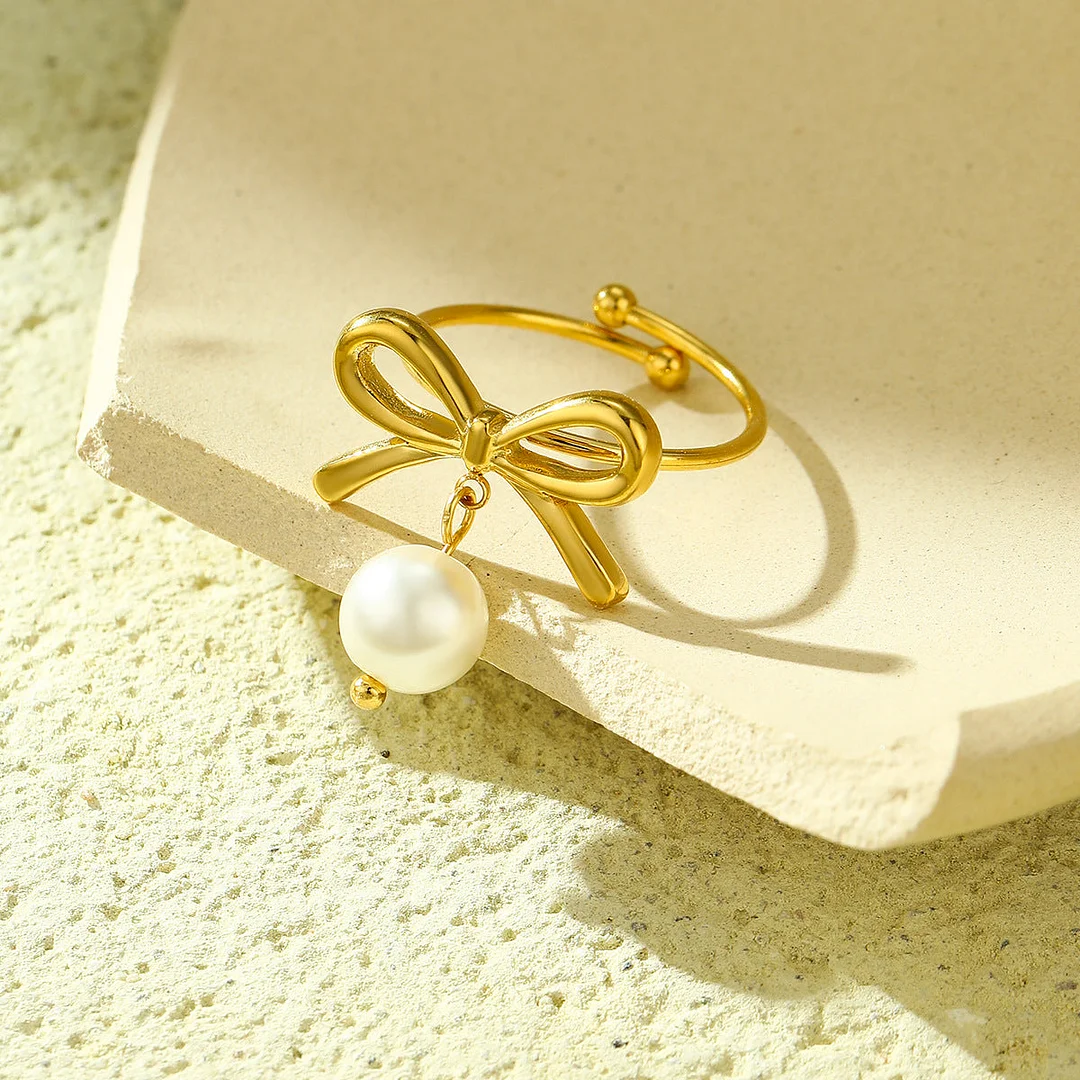 Bow Pearl Titanium Steel Open Ring