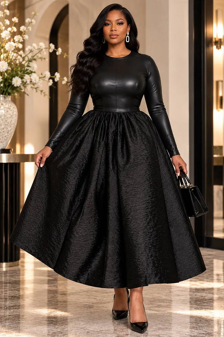 Xpluswear Design Plus Size Cocktail Party Black Round Neck Long Sleeve Pocket Contrast PU Leather Midi Dresses [Pre-Order] 2024 - Xpluswear