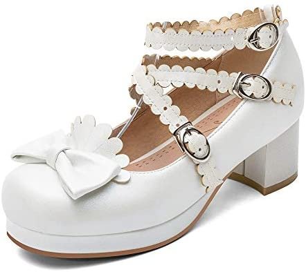  Women Bow Platform Mary Jane Pumps Chunky Mid Heel Triple Buckle Strap Cosplay Lolita Shoes Novameme