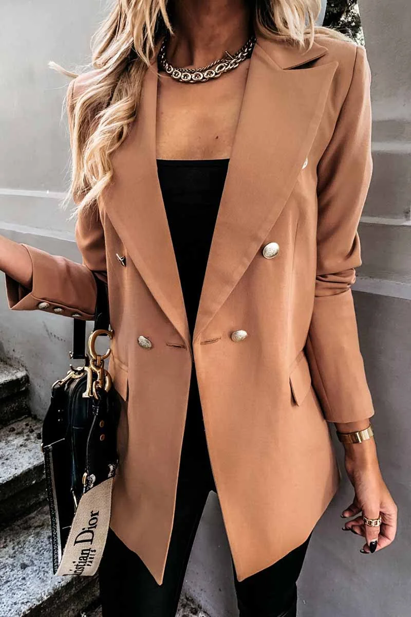 Solid Color Long-Sleeved Double-Breasted Blazer Tops（4 Colors）