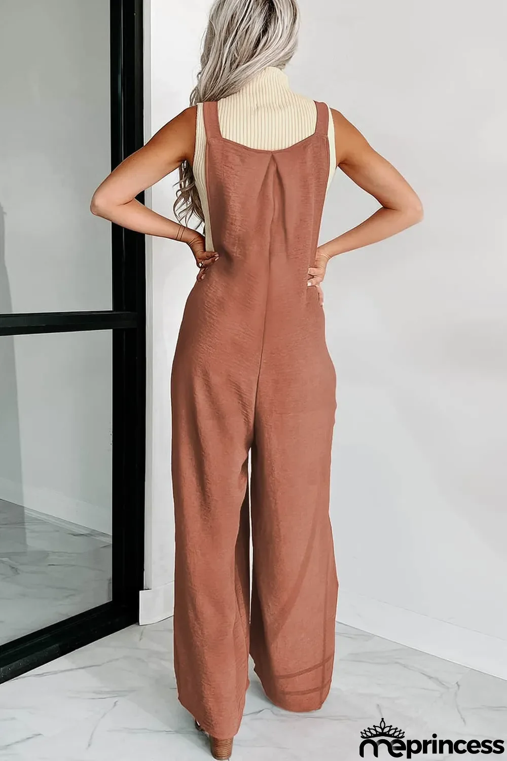 Gold Flame Textured Buttoned Straps Ruched Wide Leg Jumpsuit
