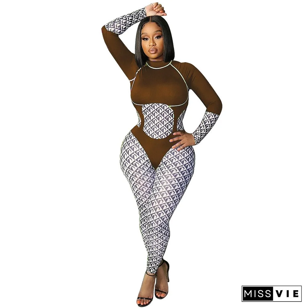 Patchwork Print O Neck Long Sleeve Bodycon Jumpsuit
