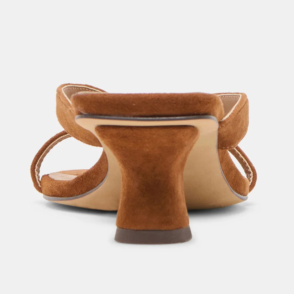 Brown Vegan Suede Square Toe Spool Heel Flip Flops Mules Sandals