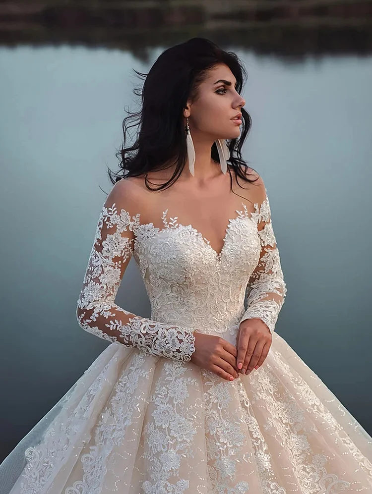 Women's Ball Gown Long Sleeve Lace Appliques Bridal Wedding Dresses