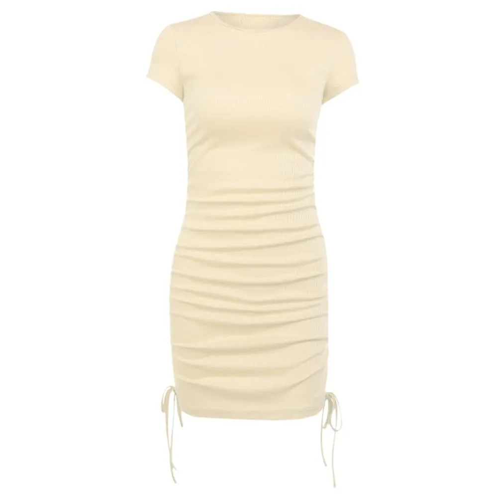 Women Summer Sexy Solid Color Drawstring Short Sleeve Bodycon Ruched Party Dress Slim Elastic Bodycon Party Dresses Vestidos