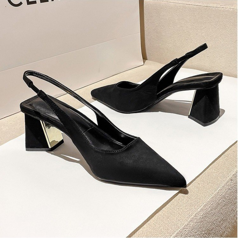 Woman  Brown Chunky Heel Slingback Mules Casual Pointed Shallow Mouth Heels Vintage Black Office High Shoes Women New