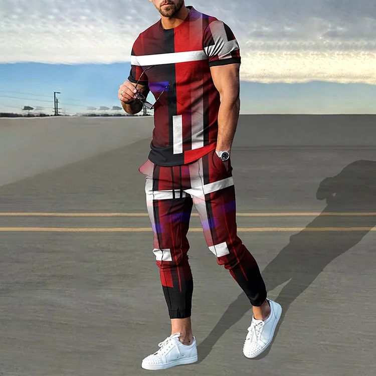 Gradient Contrast Red Geometry Print T-Shirt And Pants Co-Ord