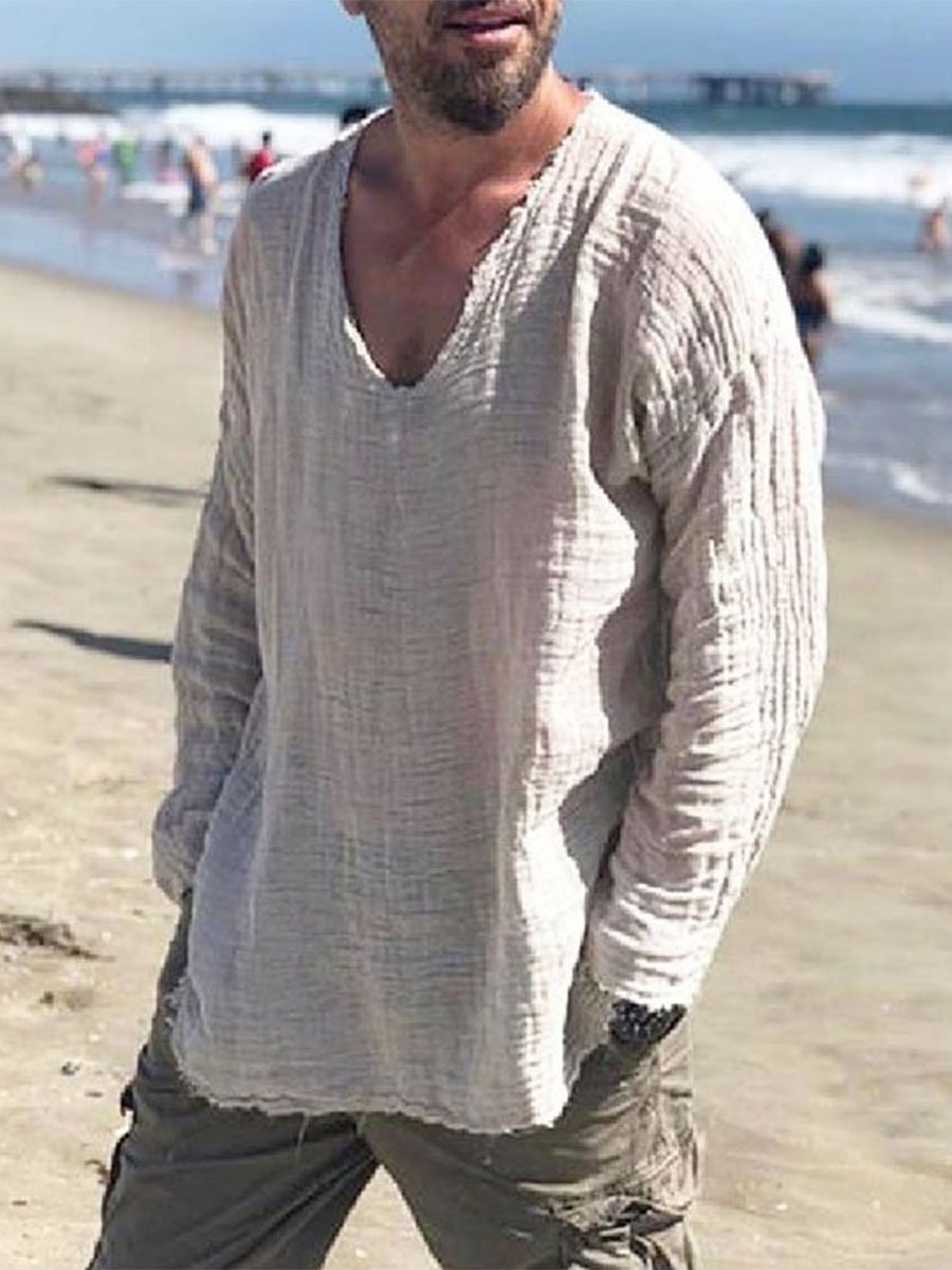 Men's V-neck Frayed Apricot Cotton Linen Shirt