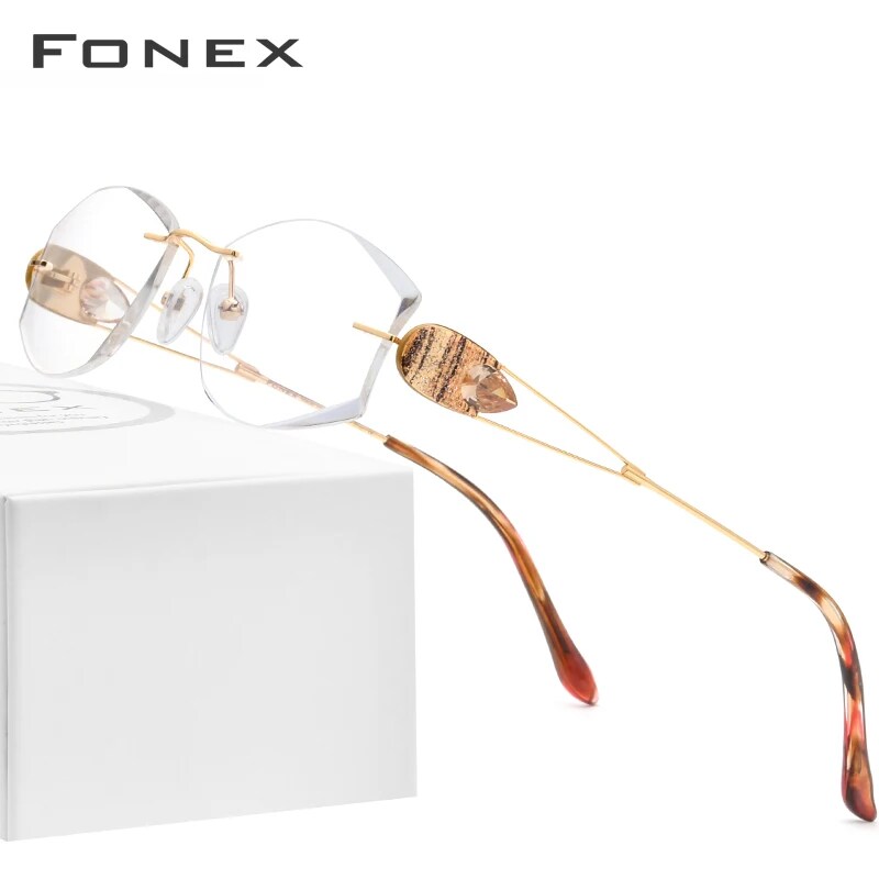FONEX Wire Titanium Rimless Glasses Women Ultralight Luxury Diamond ...