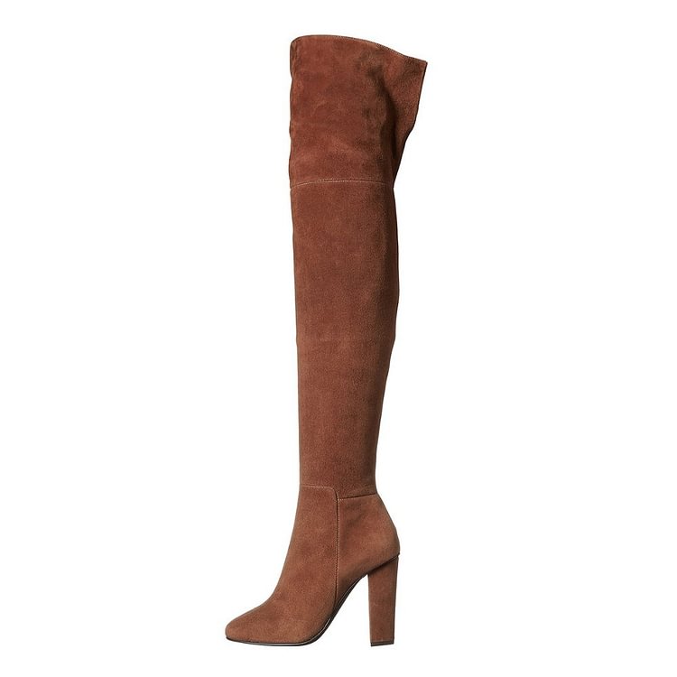 Brown Long Boots Chunky Heel Thigh-high Boots for Women |FSJ Shoes