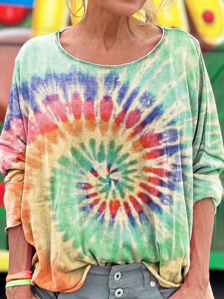 Active Rainbow Tie Dye Print Loose Round Neck Women's Long Sleeve T-Shirt
