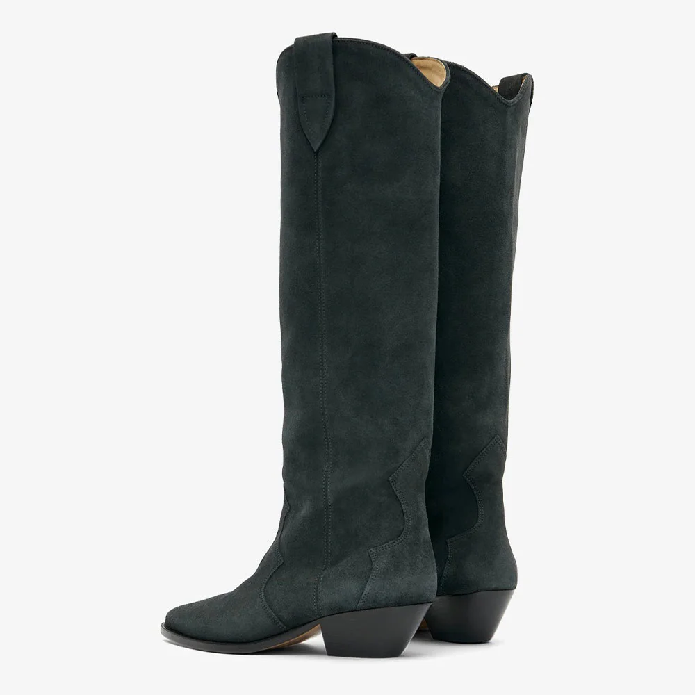 Black Pointed Toe Block Low Heel Long Cowgirl Boots for Women