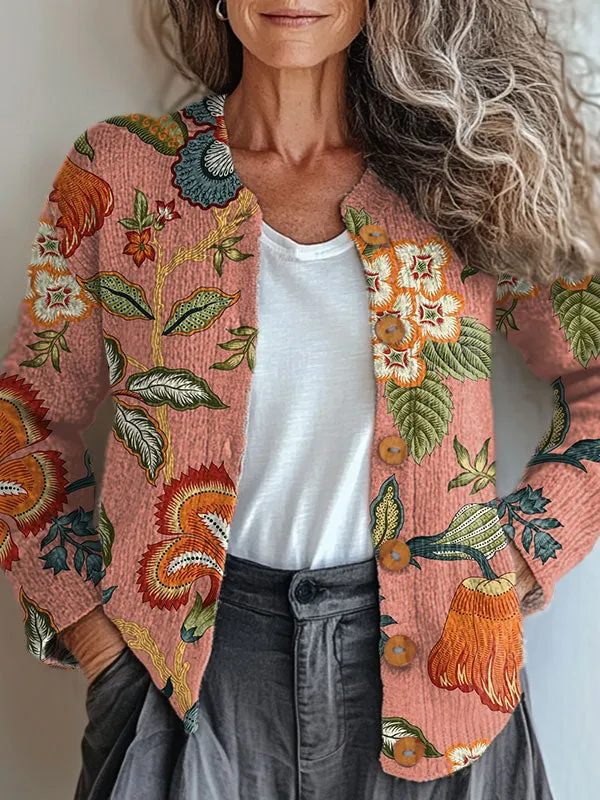 Vintage Flower Art Print Buttoned Cardigan Sweater
