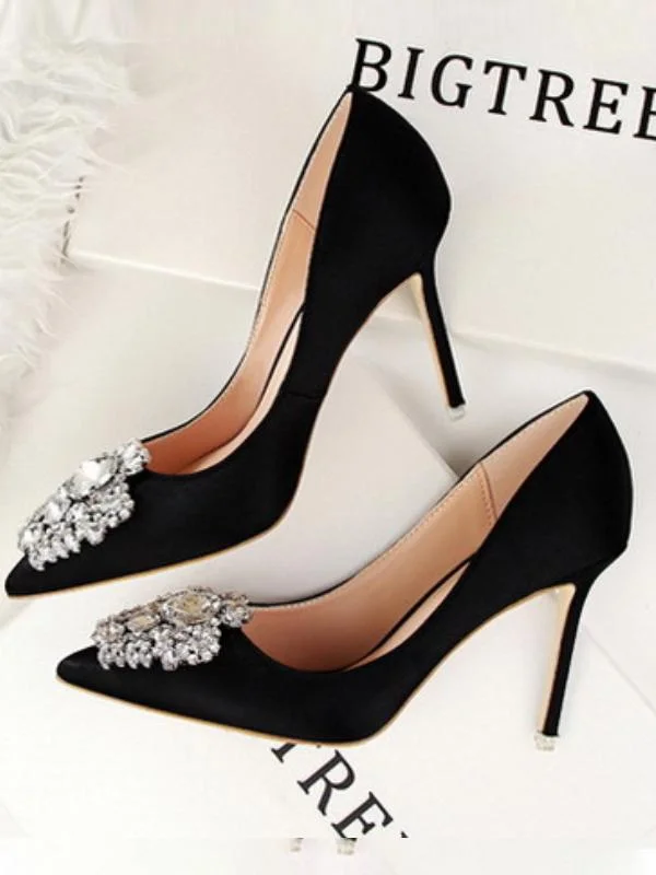 Sexy stiletto high heel shallow pointed toe rhinestone buckle single shoes