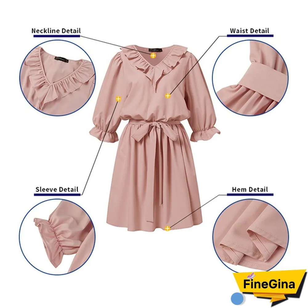 Summer Women Vintage Casual Plain Half Sleeve Neck Sundress Party Ruffle Elastic Waist