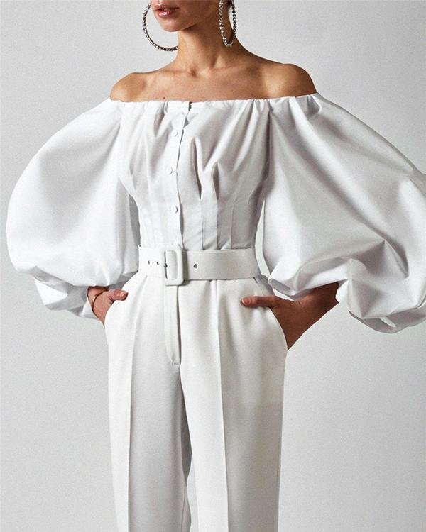 Women Cotton Lantern Sleeve Off Shoulder Button up Blouses