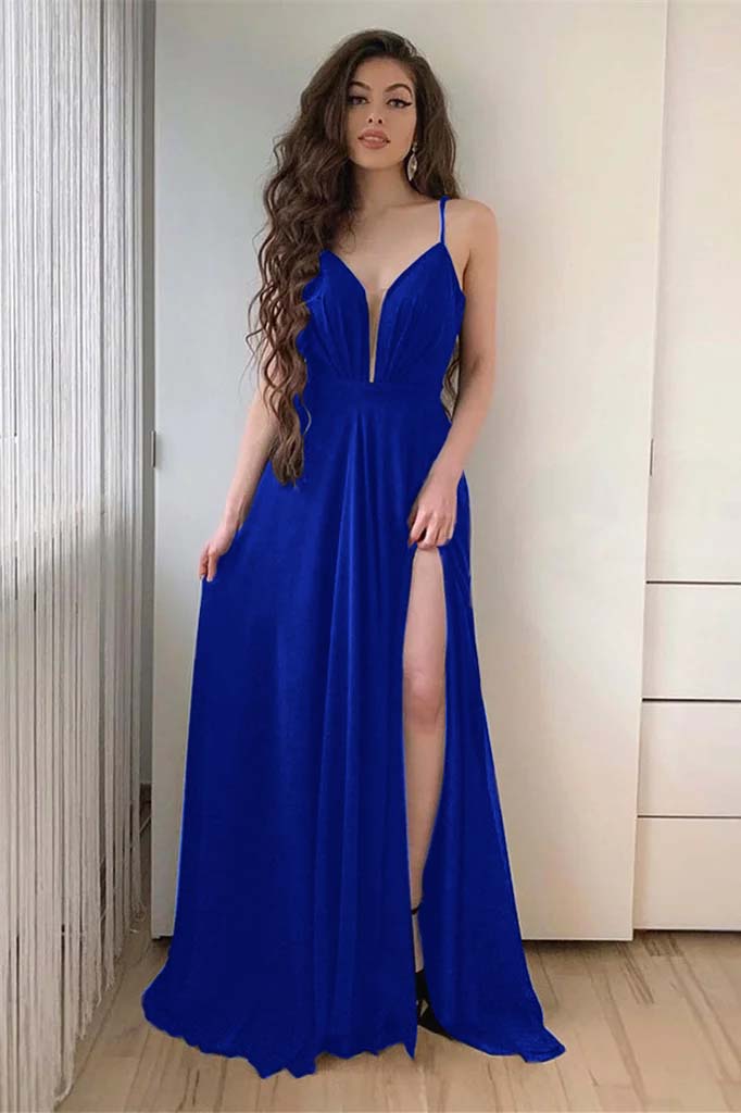 Lvs&Broner Black Spaghetti-Straps Long Prom Dress With Slit