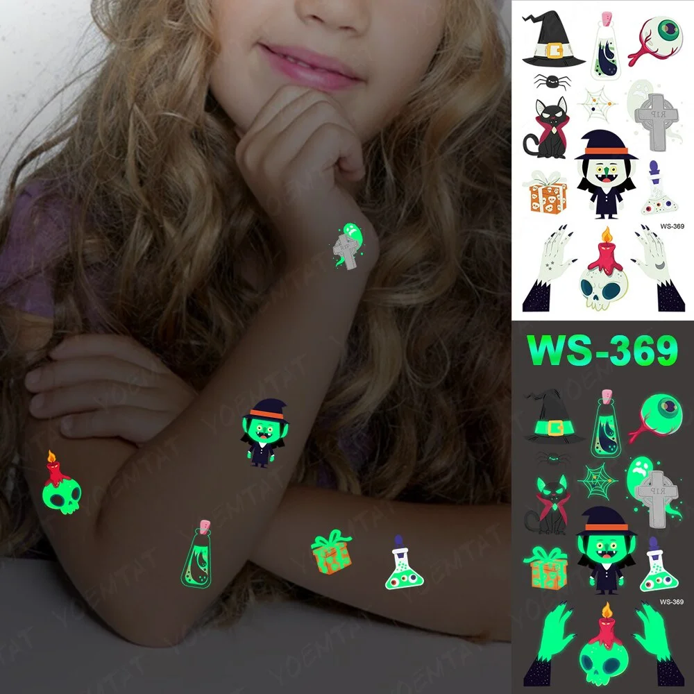 Sdrawing Temporary Luminous Tattoo Sticker Waterproof Pumpkin Skull Tatoo Arm Glowing Tattoos On Child Halloween Party Decor