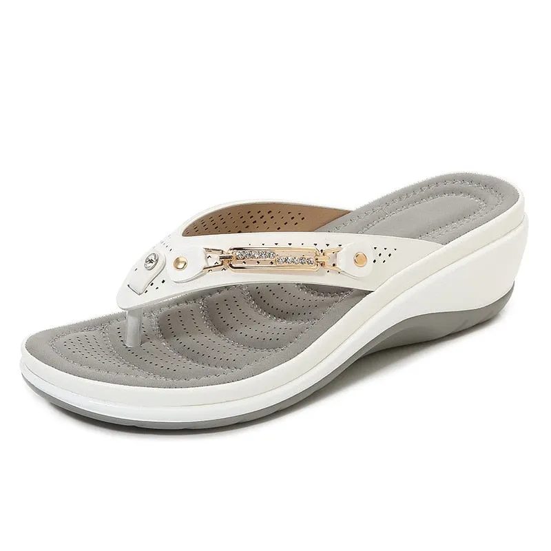 Women's Slippers Summer New Fashion Metal Button Slides Shoes Wedge Beach Sandals Women Outside Platform Flip Flops Sandalias