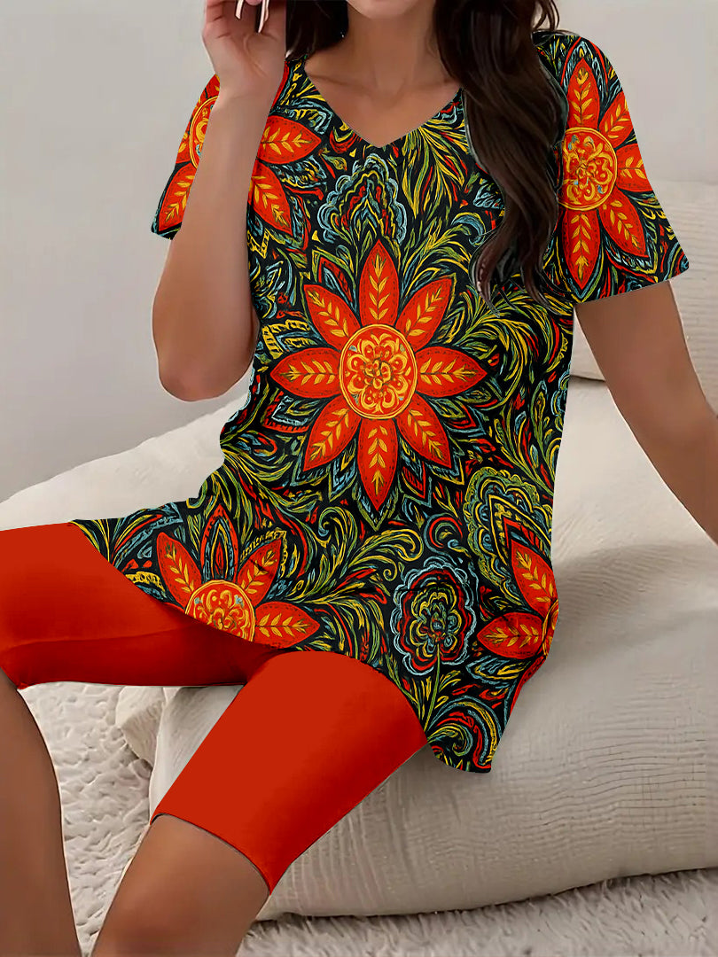 Women Long Sleeve V-neck Graphic Floral Printed Top