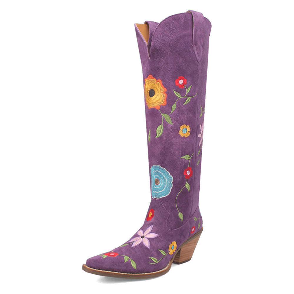 Purple Vegan Suede Flower Embroidered Knee High Heeled Cowgirl Boots