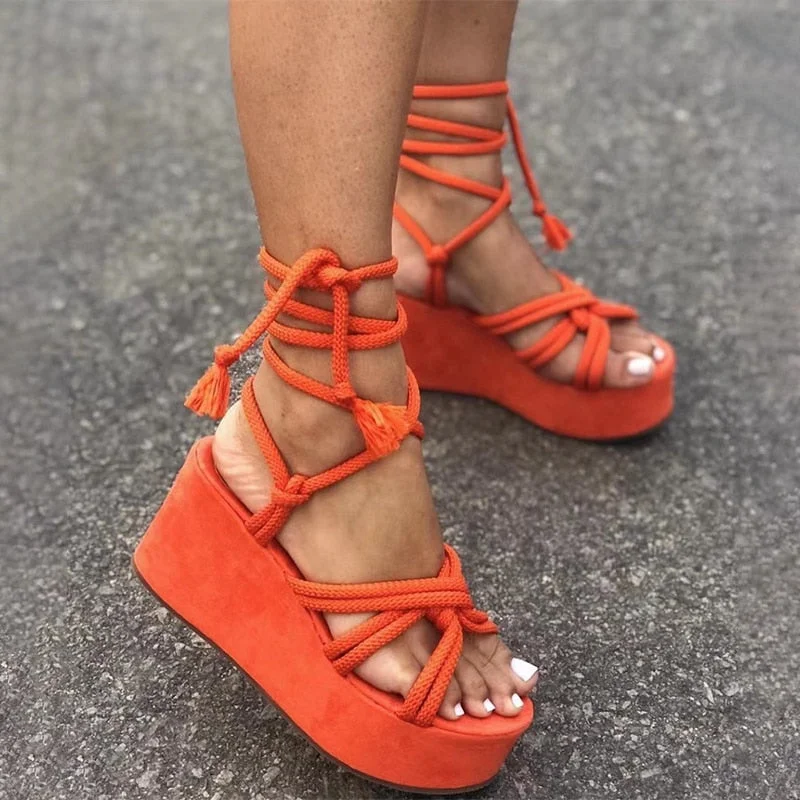 Women' s Wedges Sandals Cross Tie Fashion Platform Solid Gladiator Ladies Pumps Rome Vintage Casual Female Shoes 2022 New
