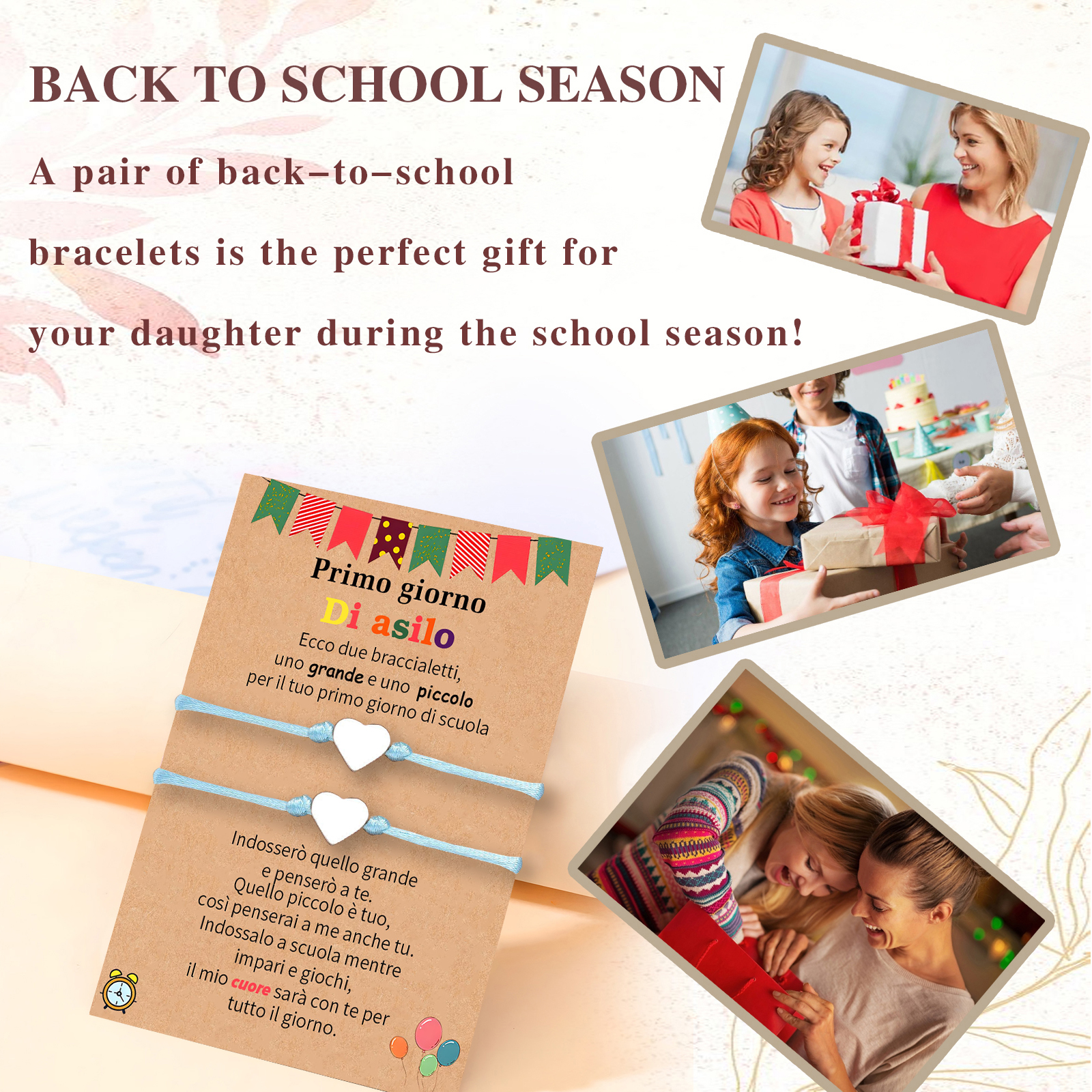 2PCS Braccialetto cuore regorabile regalo per bambina con carta