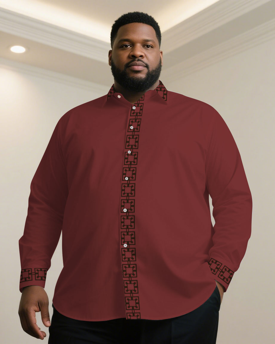 Big & Tall Men' Casual Business Features Jacquard-Red & Grey & Dark Blue & White & Black Long Sleeve Shirt