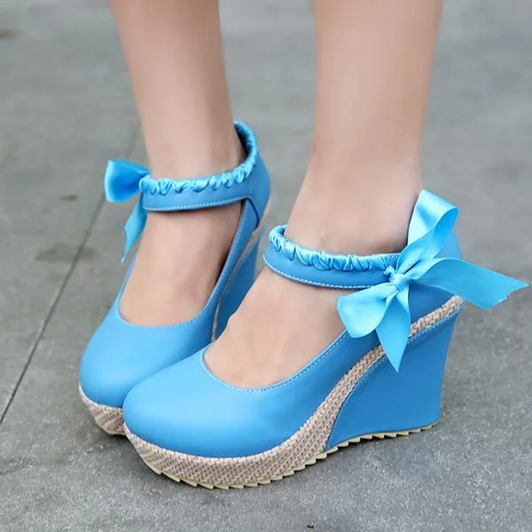 Blue Silk Ribbon Wedge Platform Pumps Vdcoo