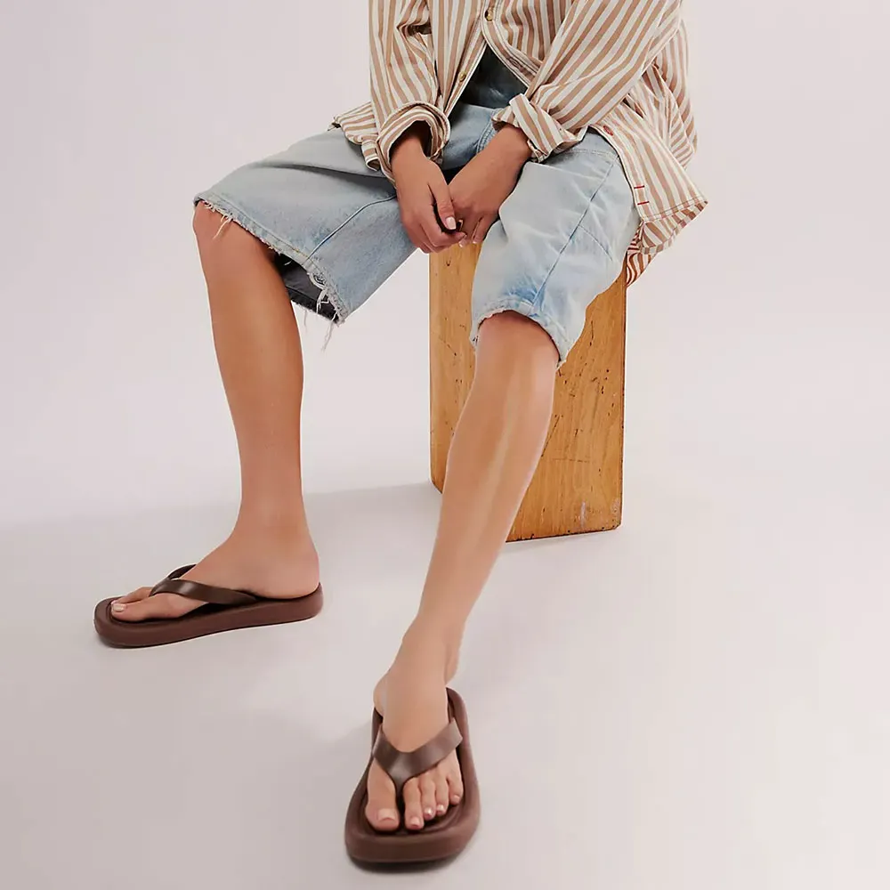 Brown Open Square Toe Flat Backless Flip Flops Mules Sandals