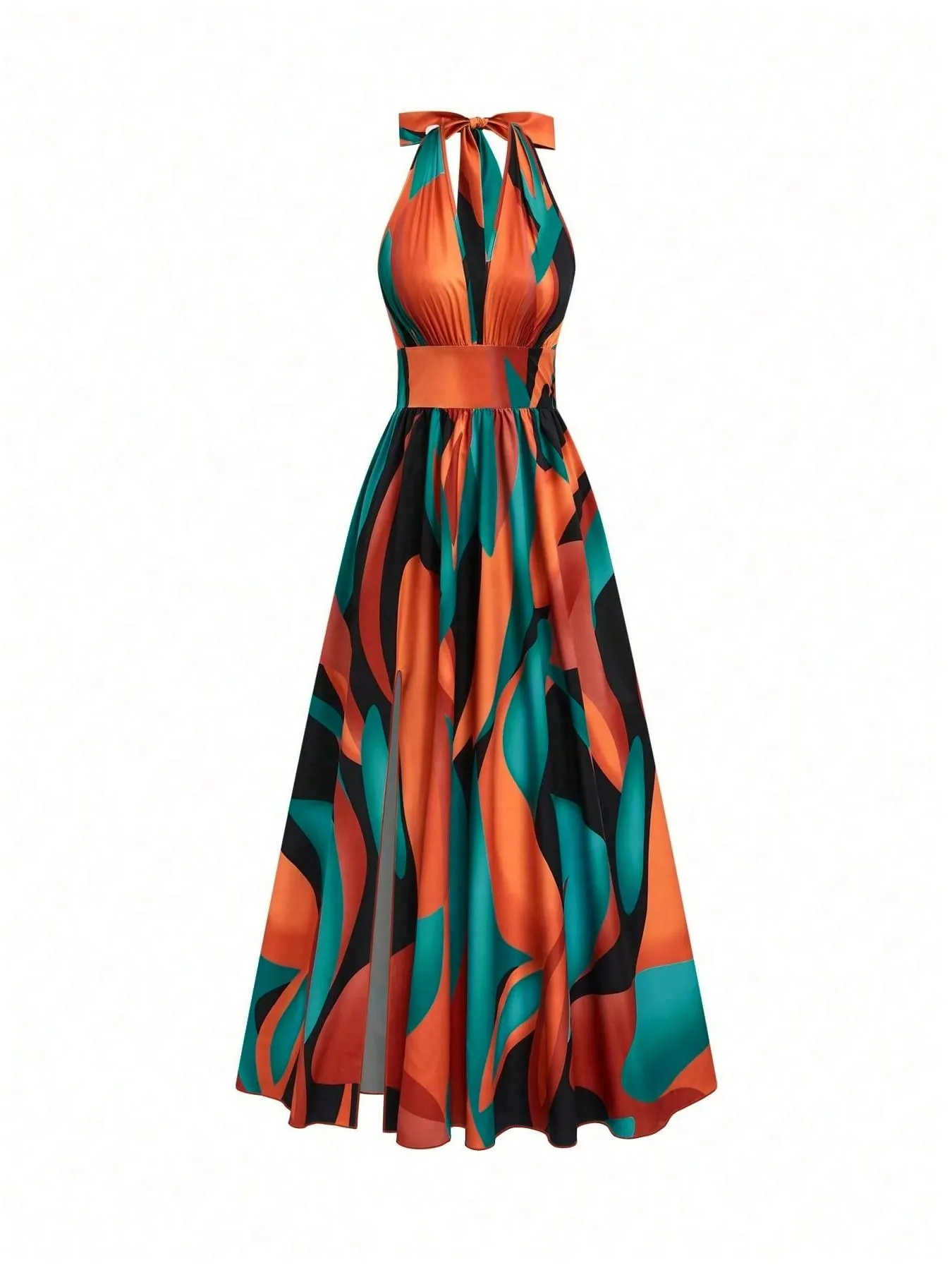 All Over Print Halter Long Dress, Deep V Neck Split Dress, Vintage Style, Sleeveless Backless Dress for Beach and Vacation, Summer New Arrival All Over Print Halter Long Dress, Deep V Neck Split Dress, Vintage Style, Sleeveless Backless Dress for Beach and Vacation, Summer New Arrival
