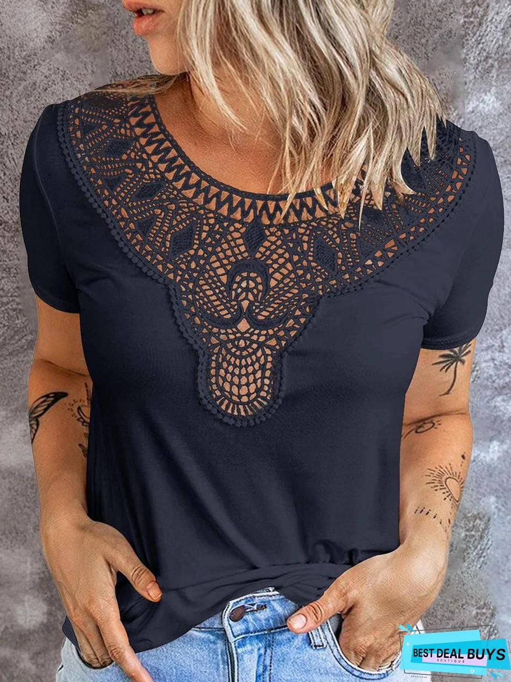 Lace Top Crew Neck Short Sleeve Summer Loose Tee Casual T-Shirt