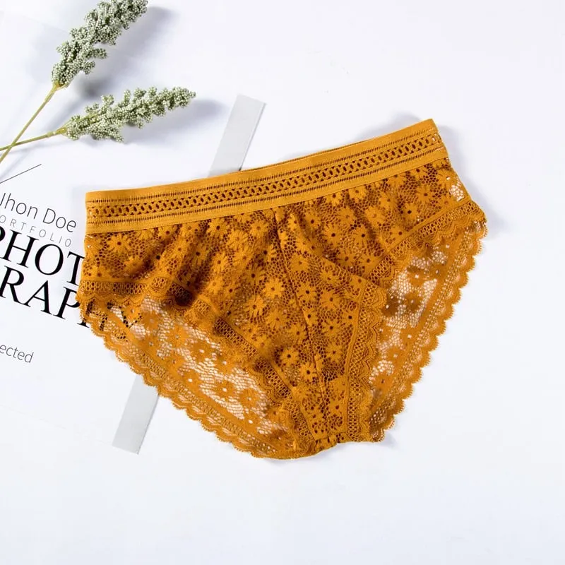 Sexy Lace Panties For Women Underwear Fashion Lingerie Low-Rise Breathable Underpants Female Daisy Hollow Transparent Briefs