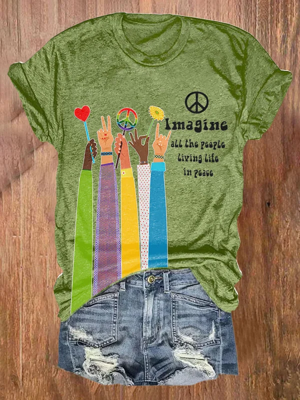 Retro Hippie Imagine All The People Living Life In Peace Print Shirt socialshop