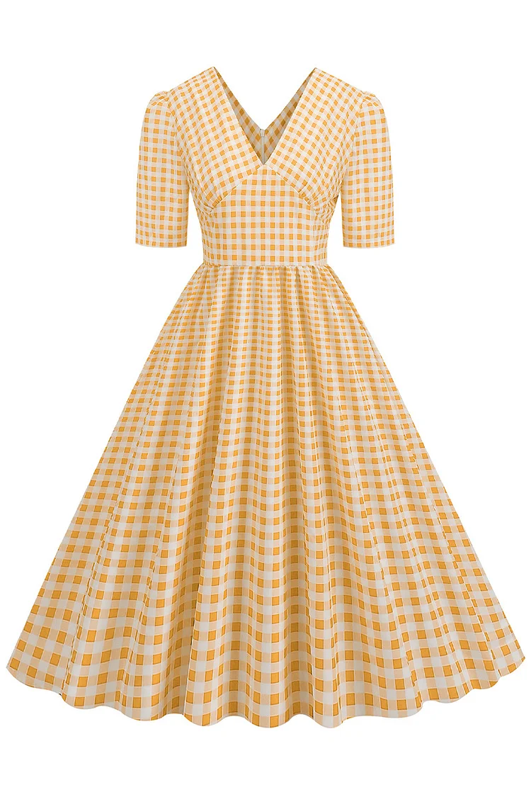 1950s Yellow Party Plaid V Neck Swing Midi Dress