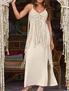 Solid Color Spaghetti-Neck Split-Joint Tasseled Casual Maxi Dress