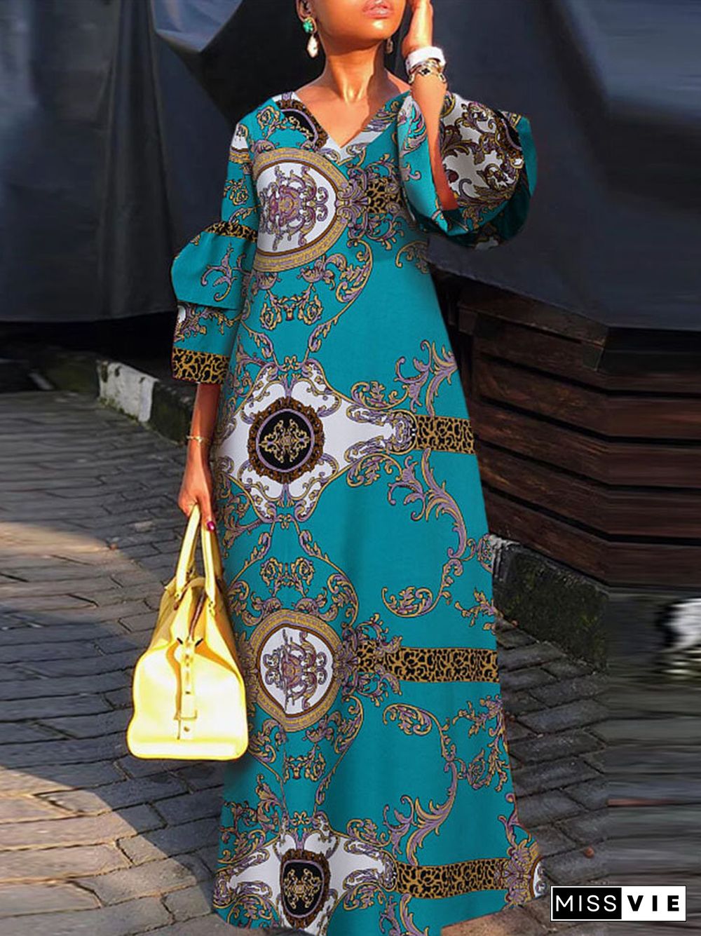 Tribal Pattern V-neck Loose Maxi Dress For Women